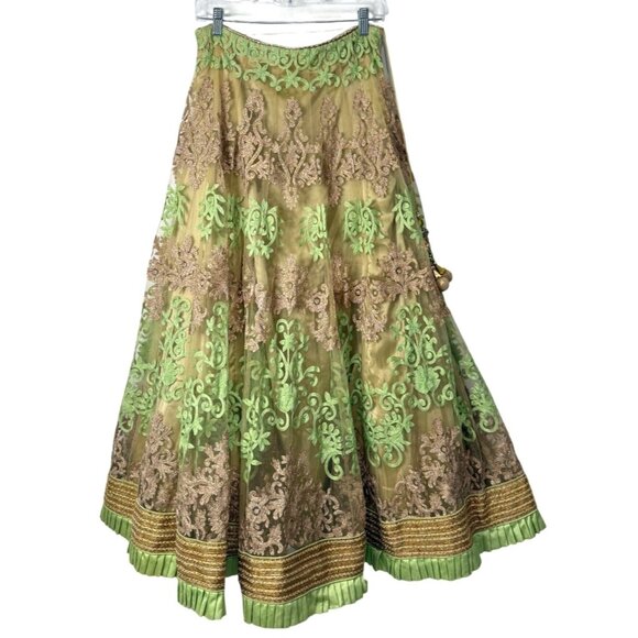 Vintage Embroidered Maxi Skirt Tassel-Detail Green & Gold Lace Indian Party XS/S - Picture 3 of 6